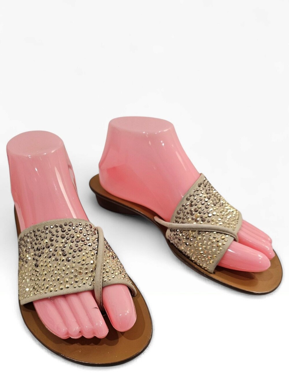 PAUL GREEN Beige Nubuck Studded Silver Thong Slide Sandals UK 5/US 7.5-8M